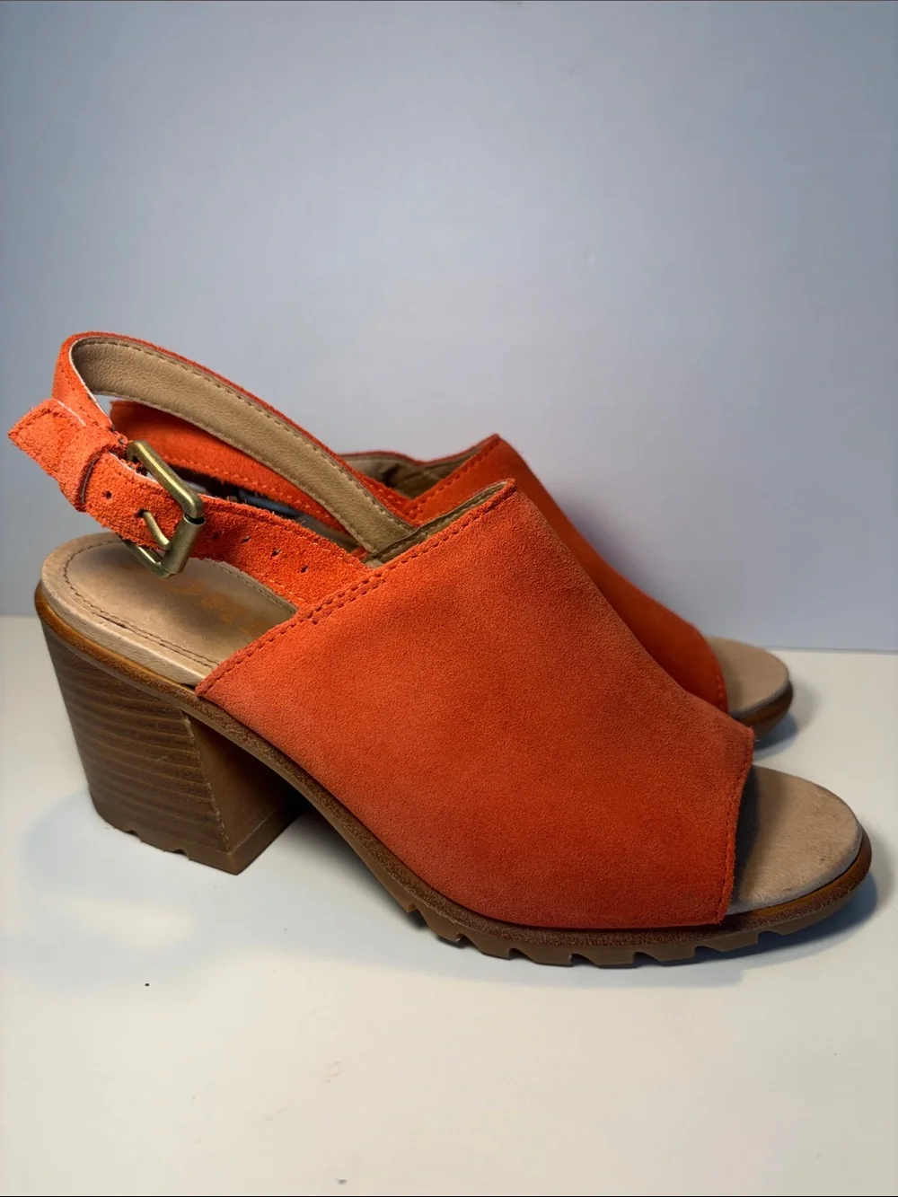 Sorel Orange Suede Peep-Toe Slingback Block Heel Sandals